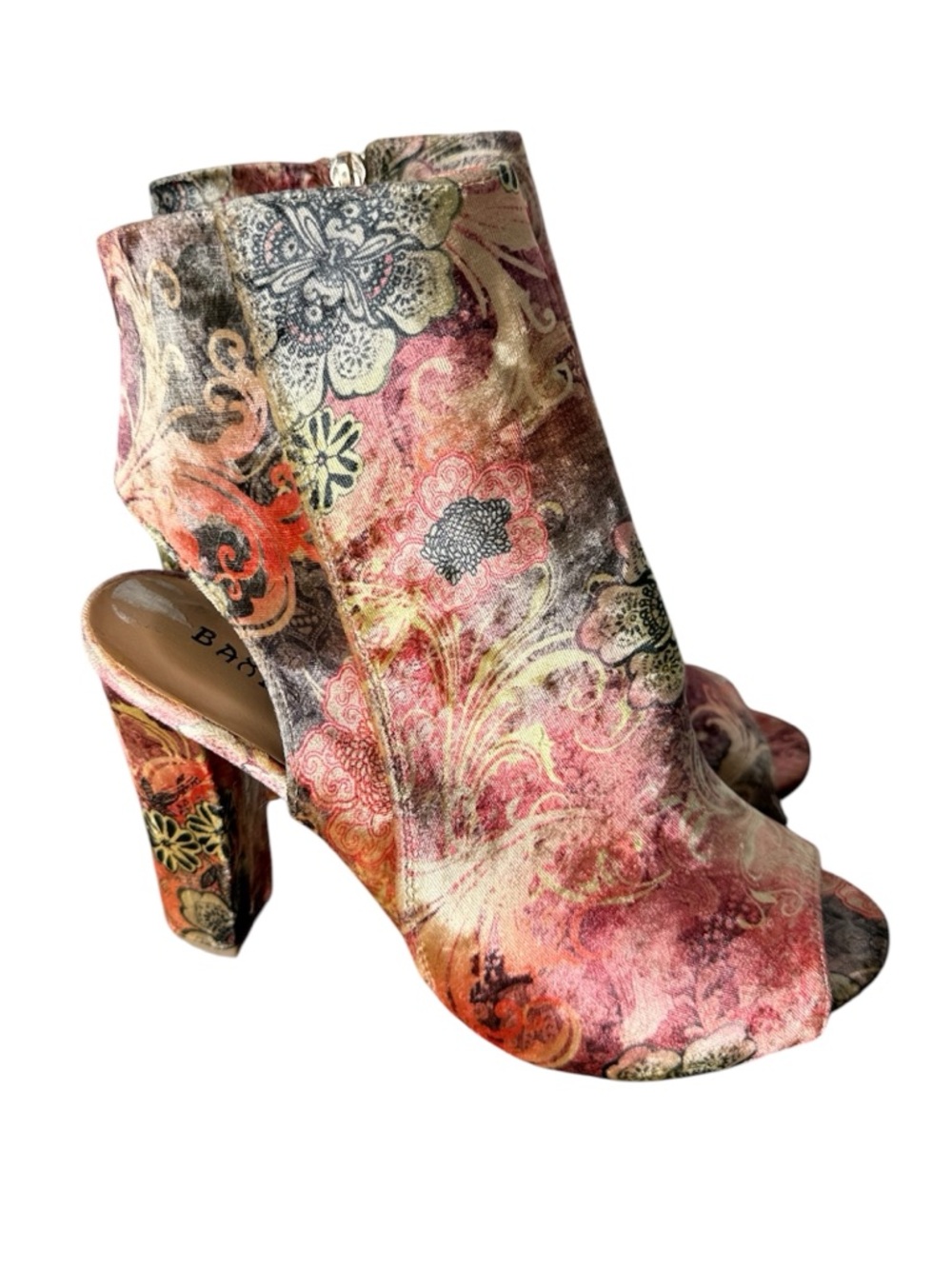 BAMBOO Limelight Velvet Floral Ankle Booties Peep Toe Block Heel Zipper Size 9